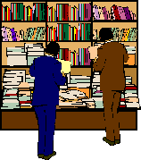 people reading books and magazines in a library or news agents